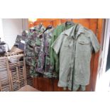 Three camouflage Army Jackets, NATO Fleece, various packs, shirts, braces etc