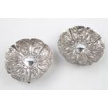Pair of Silver Foliate embossed continental dishes supported on leaf design feet 61g total weight