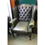 Green Leather Chesterfield button back wing elbow chair on cabriole legs