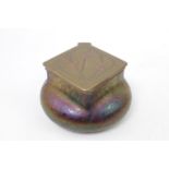 A Kralik opalescent glass inkwell, in the manner of Loetz, hinged brass cover embossed with holly