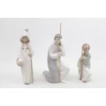 3 Lladro figures of Girl with staff, Crouching Man with Staff and boy with Staff