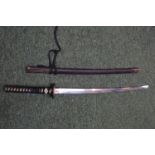 20thC Japanese Katana/Samurai Sword: Sword with decorative Tsuba with embossed cherry blossom.