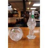 Waterford Crystal Spherical cut glass vase with paper label. 13cm in Height and a Tall Waterford