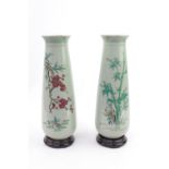 Pair of 20thC Celadon Chinese pottery vases with overpainted Bamboo and prunus decoration on