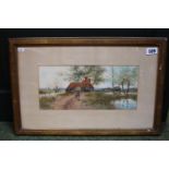 Framed and mounted Watercolour of a man with dog against flooded countryside. Monogrammed to