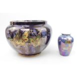 Crown Devon Fieldings Butterfly Lustre Jardinière and similar Galleon Lustre vase on wooden base