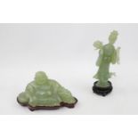 Chinese Jadeite figure of a Buddha and woman, both mounted on wooden bases