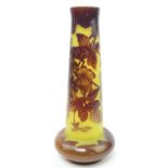 Galle marked Cameo Vase the tapering vase with dark etched cameo floral decoration on a solid yellow