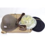 British Turtle shell helmet, WWII Helmet shell, 3 Military Berets, British Leather belt and a 1953