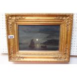 19thC Gilt Gesso framed oil on board of Twilight Maritime scene. 28 x 18cm