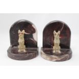 Pair of Marble Art Deco bookends with Scottie Dog spelter cold painted applied figures