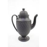 Rare Wedgwood Black Basalt Coffee Pot shape number 508 with rope weave design. 20cm in Height with