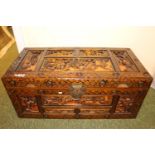 Chinese hardwood carved blanket box with figural decoration. 88cm in Width