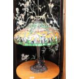 Large Tiffany Style table Lamp with Leaded coloured glass shade over metal Fuchsia design base. 43cm