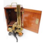 A Victorian Knott & Co of Liverpool lacquered brass cased monocular compound microscope, in fitted