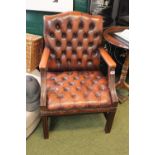Maroon Leather Chesterfield button back elbow chair with straight supports