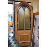Victorian Gothic Arched leaded glass door with panelled base. 223 x 92cm
