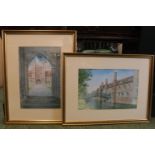 Dennis Roxby Bott RWS: 2 Framed and mounted prints of Mathematical Bridge and St Johns College