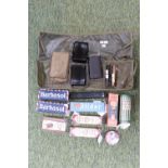 Box of assorted Military and Vintage Personal Health items inc. Barbasol, Mennen Talc etc