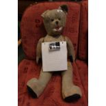 Early 20thC German jointed Bear with London Blitz connection (see photos for story). 76cm in Height