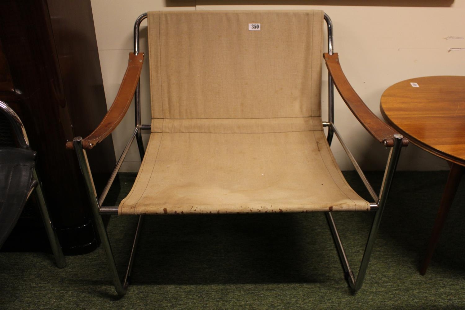 Mid Century Tubular Metal Chair in the style of Marcel Breuer with Brown Leather strap arms and