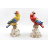 TWO MEISSEN PORCELAIN MODELS OF PARROTS, 20th Century, perched on tree stumps with sprouting leaves,