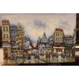 N. Spence - Oil on canvas, European city street scene with stylized figures, signed lower left. 90 x
