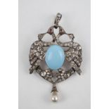 19thC Silver mounted Peacock design brooch with white set stones and Oval Turquoise 60mm in Length