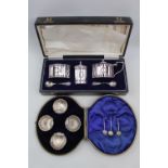 Cased Set of 4 Silver Scallop pattern Salts with 3 matching spoons by George Unite Birmingham 1900 &