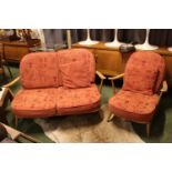 Ercol Blonde Elm 2 seater sofa with matching armchair with Salmon upholstery