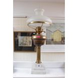 Late Victorian Brass Oil Lamp with Brass reservoir over Column and square marble base 65cm in Height