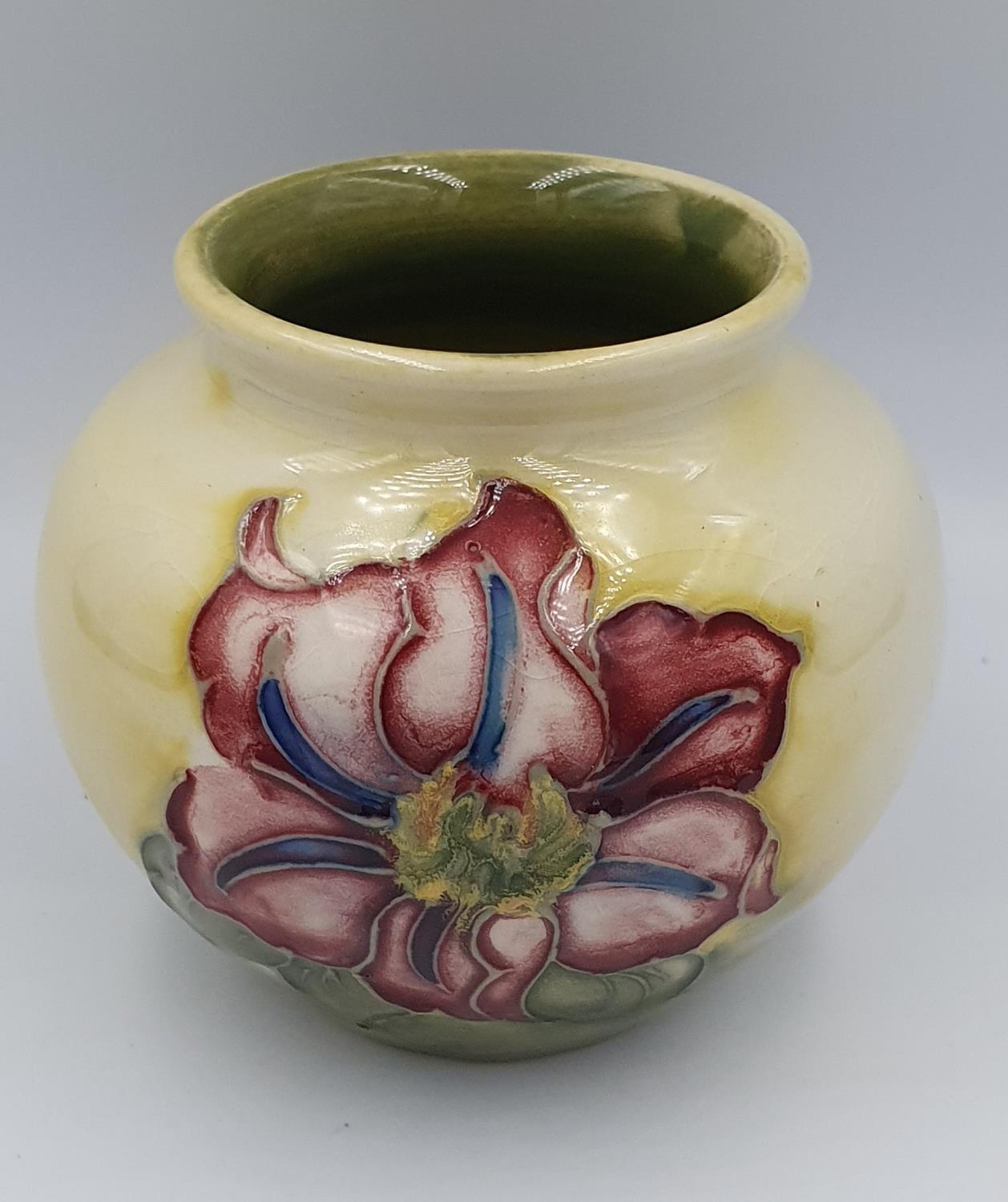 Moorcroft Clematis on Green ground pattern Squat vase with impressed blue mark to base. 7cm in - Image 3 of 3