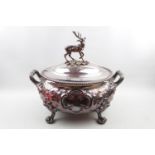 A fine early 19th century heavy silver plated tureen with surmounted Stag, two handled cartouche