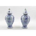 Pair of Delft Blue & White Maritime decorated lidded vases with Impressed and painted mark to