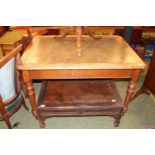 Oak Victorian Library table with inset green leather top and 4 drawers with turned handles and