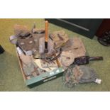 Box of German Third Reich and Eastern Post War items inc Pouches, Hats, Entrenching tool etc