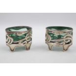 Pair of Art Nouveau Oval Silver Salts with green glass liners by Levi & Salaman Birmingham 1904