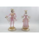 A pair of Venetian, Murano glass figures, a man and a woman, Pink and gilt and white opaque glass.