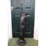 Large Art Deco Style Bronze figure of a 1920s Flapper with arm outstretched with figured base. 117cm