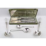 French cased Silver handled salad servers with Bakelite tops, Pressed Glass Salad servers with