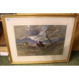 Large Framed Watercolour of a Windswept loch scene with Horseback rider monogrammed MAY. 54 x 36cm
