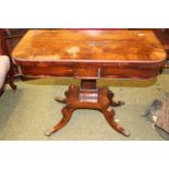 19thC William IV Mahogany fold over card table with beaded rim and splayed legs terminating on brass