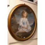 Large Oval Oil painting of a Young Girl in naturalistic setting within Gilt Gesso frame. 74 x 87cm