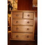 20thC Pine Apprentice Chest of 2 over 3 drawers with turned handles. 37cm in Width