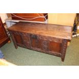 18thC Elm Coffer with carved panelled decoration and studwork. 120cm in Width