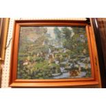 Ubud Balinese Oil on canvas with figural decoration in forest scene. 44 x 33cm