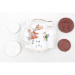 20thC Meissen Dragon & Stork decorated Tray and 2 Miessen Coins and 2 other porcelain discs