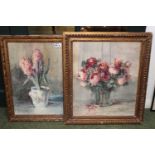 2 Gilt Gesso framed Watercolours of Floral still life (indistintly signed). 30 x 47 & 40 x 48cm