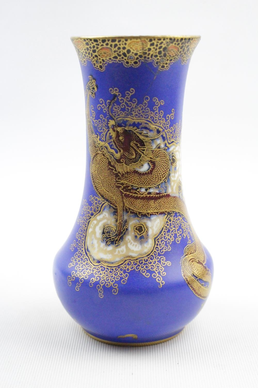 A Carltonware Dragon and Cloud Pattern Vase, of cylindrical form, on a blue ground. Repair to top.