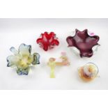 Collection of Murano and Art Glass bowls, Romanesque two handled vase and a Figure of Birds on a